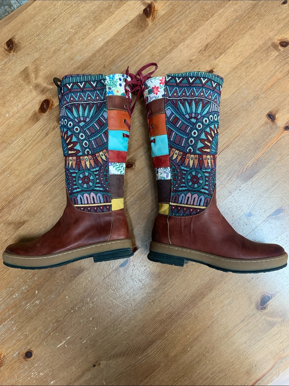 Women's Boho Brown Leather Boots with Teal Patterned Shaft - Picture 4 of 10